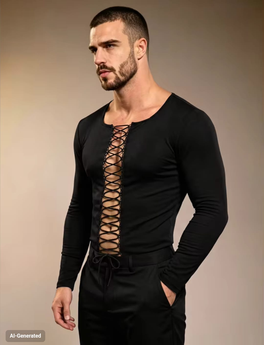 Men's Front Lace-Up Cutout Long Sleeve Muscle Fit Stretch T-Shirt